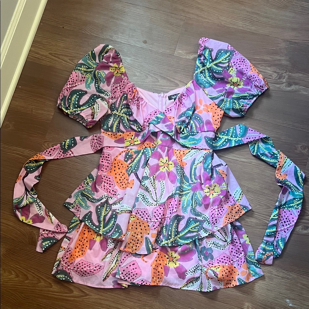 Lavender Floral Ruffle Mini Dress with Puff Sleeves